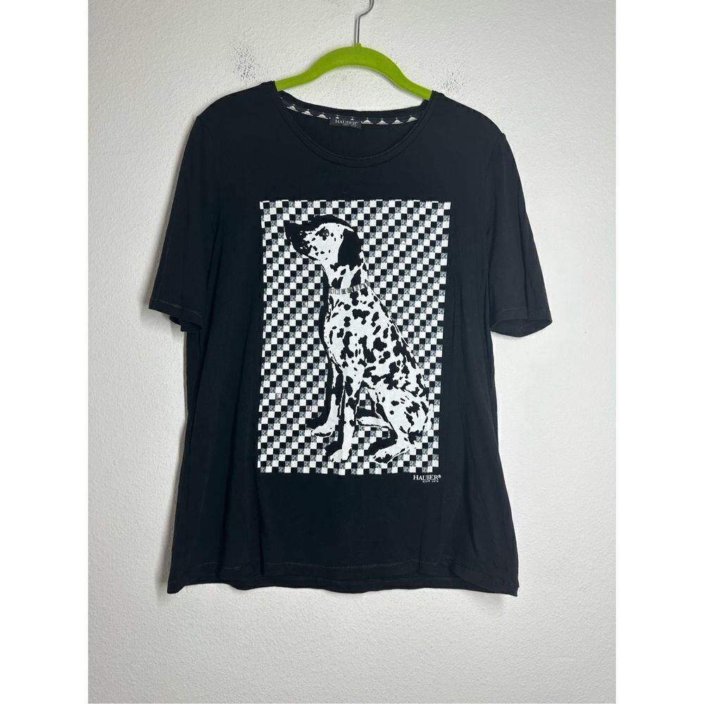 Hauber Women’s Black T-shirt Dolmatin Dog Print Trim metallic Rhinestones Sz 12